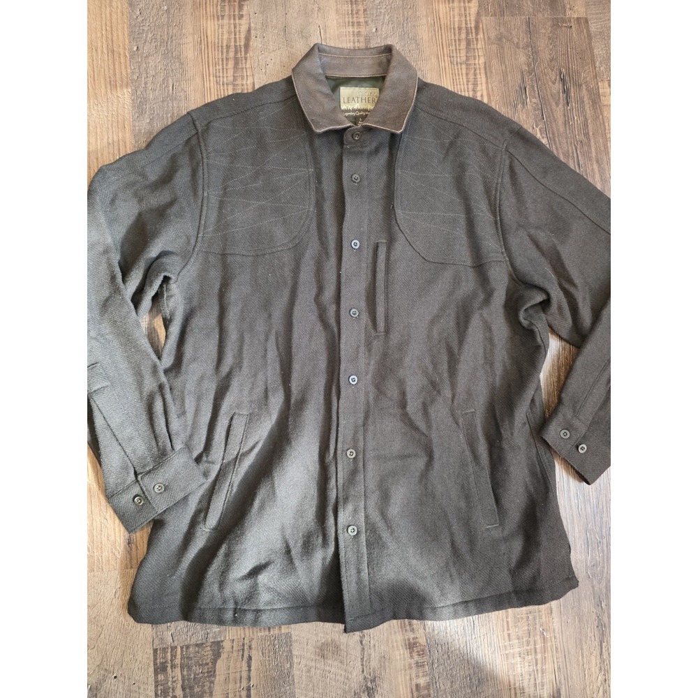 Cabelas Mens L Wool Shirt Jacket Leather Collar Button Up Hunting Outdoors